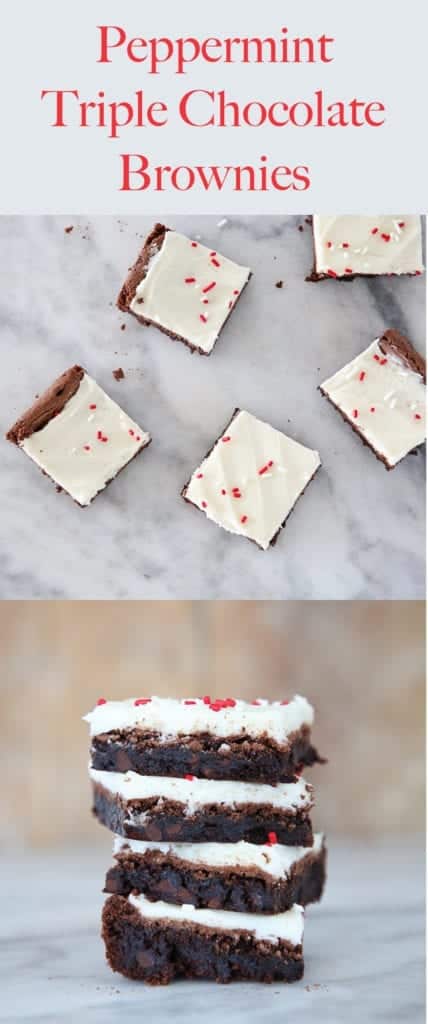 These Peppermint Triple Chocolate Brownies are rich, decadent and festive! Chewy brownies topped with an easy peppermint frosting!